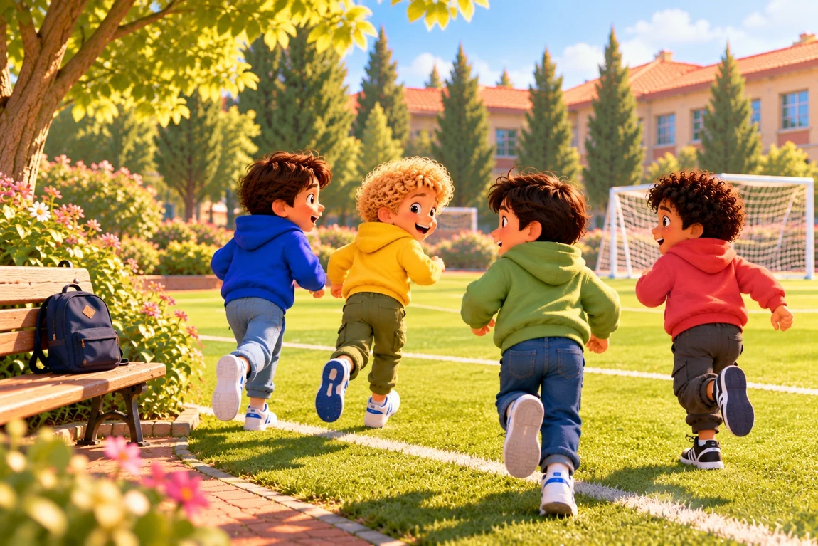 Mateo, Leo, Tomás y Nico corriendo juntos hacia la cancha de fútbol