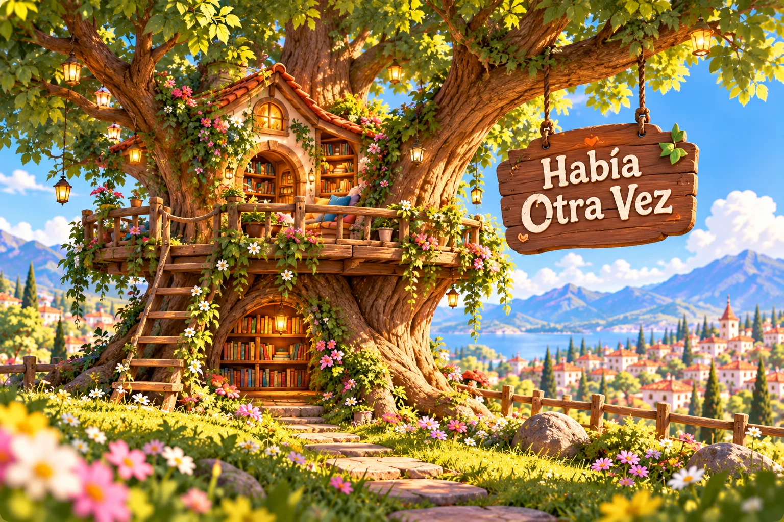 Casita biblioteca construida en el tronco de un árbol, con cartel Había Otra Vez